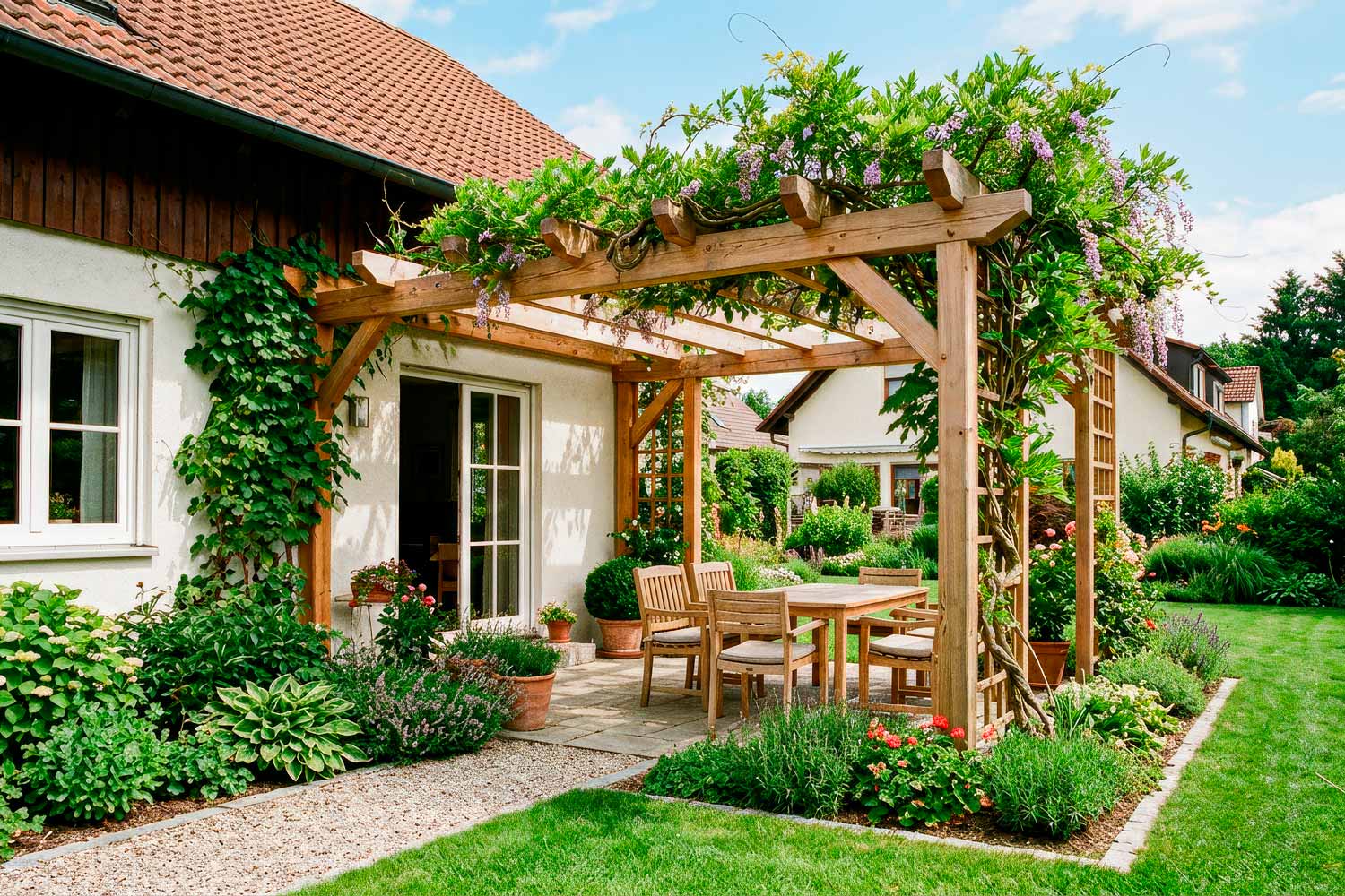 Bild Pergola mit Rankgerüste und Bepflanzung um die Terrasse und Pergola - Tischler und Tischlerei aus Berlin Steglitz-Zehlendorf