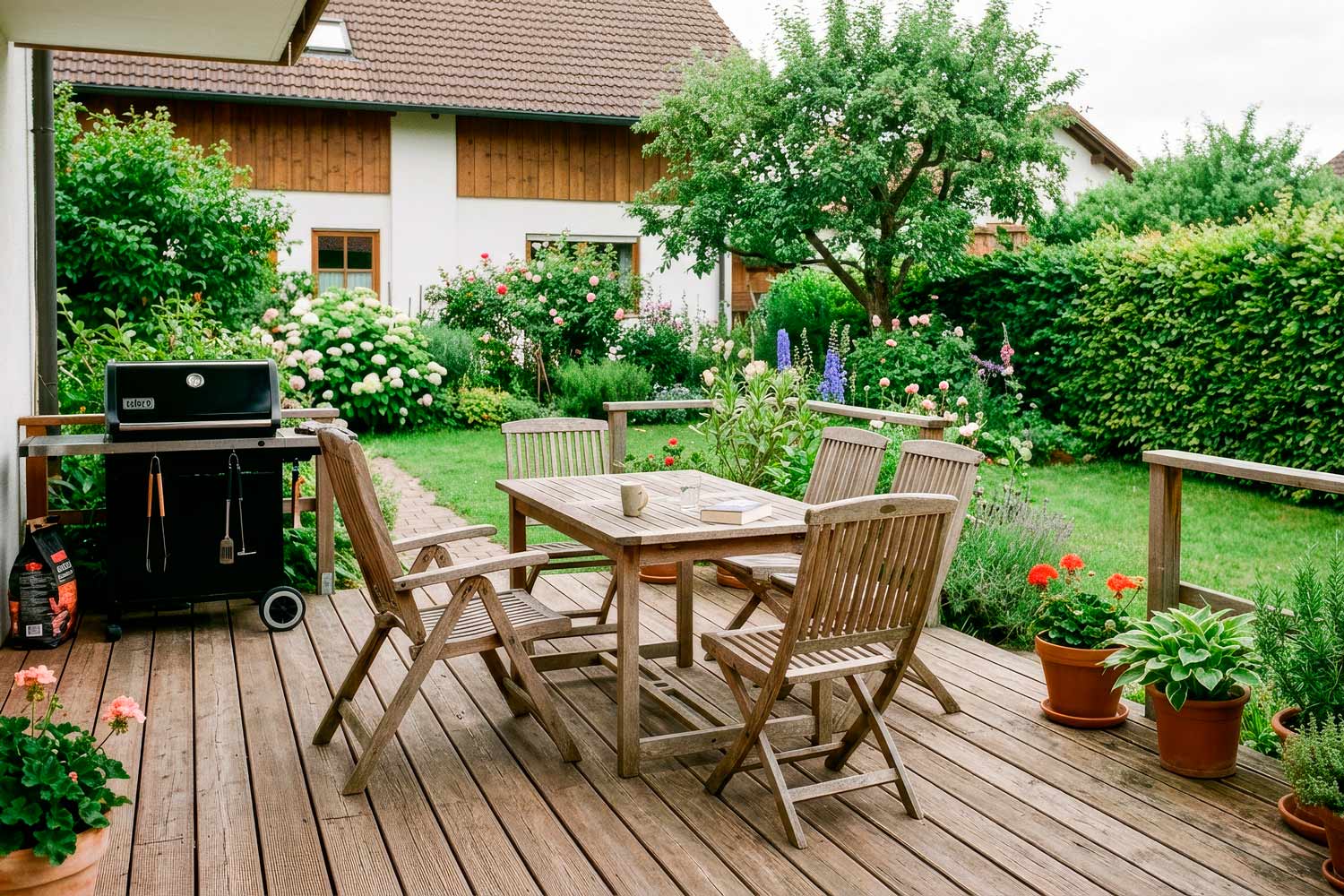 Bild einer Holzterrasse am Haus und eingebettet im Garten - Tischler und Tischlerei aus Berlin Steglitz-Zehlendorf